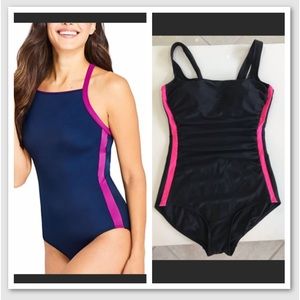 Black pink striped modest 1-piece Swimsuit bathing Suit size 8 S/M Tummy Control